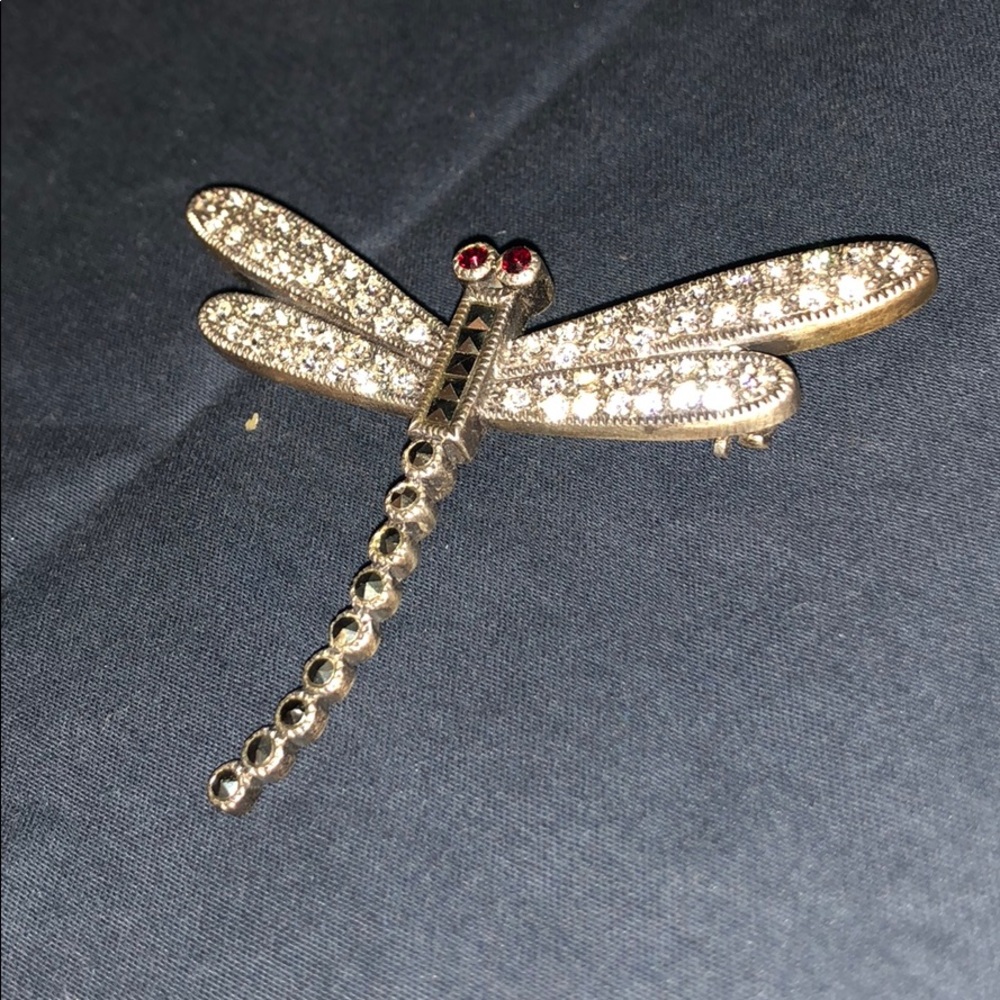 Silver Dragonfly Brooch w Blk/Red/Wht Crystals